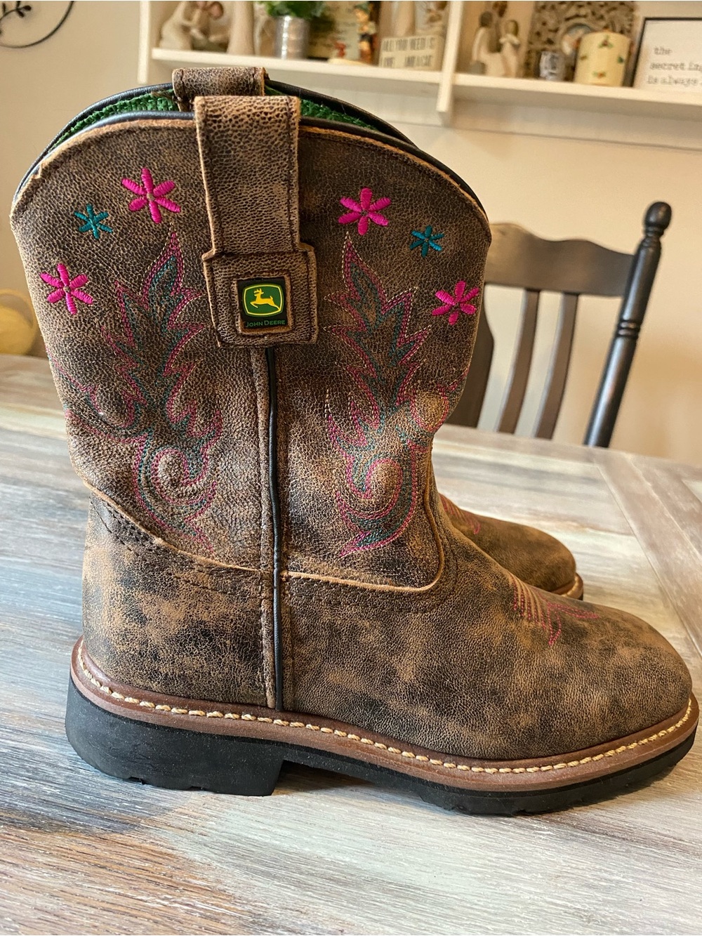 John Deere girl's western boots distressed brown leather upper floral embroidery